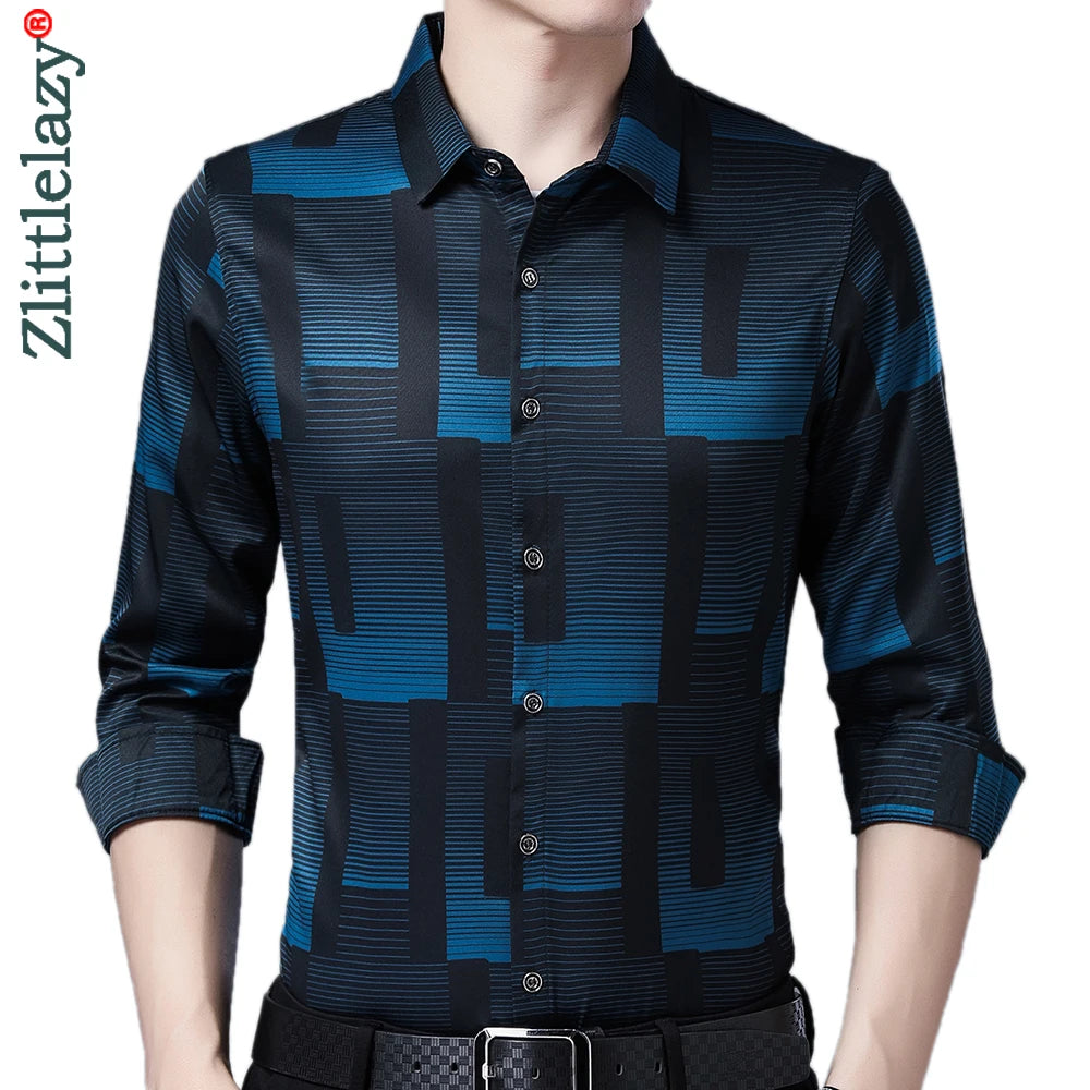 2022 New Long Sleeve Men Formal Social Shirt Streetwear Casual Striped Shirts