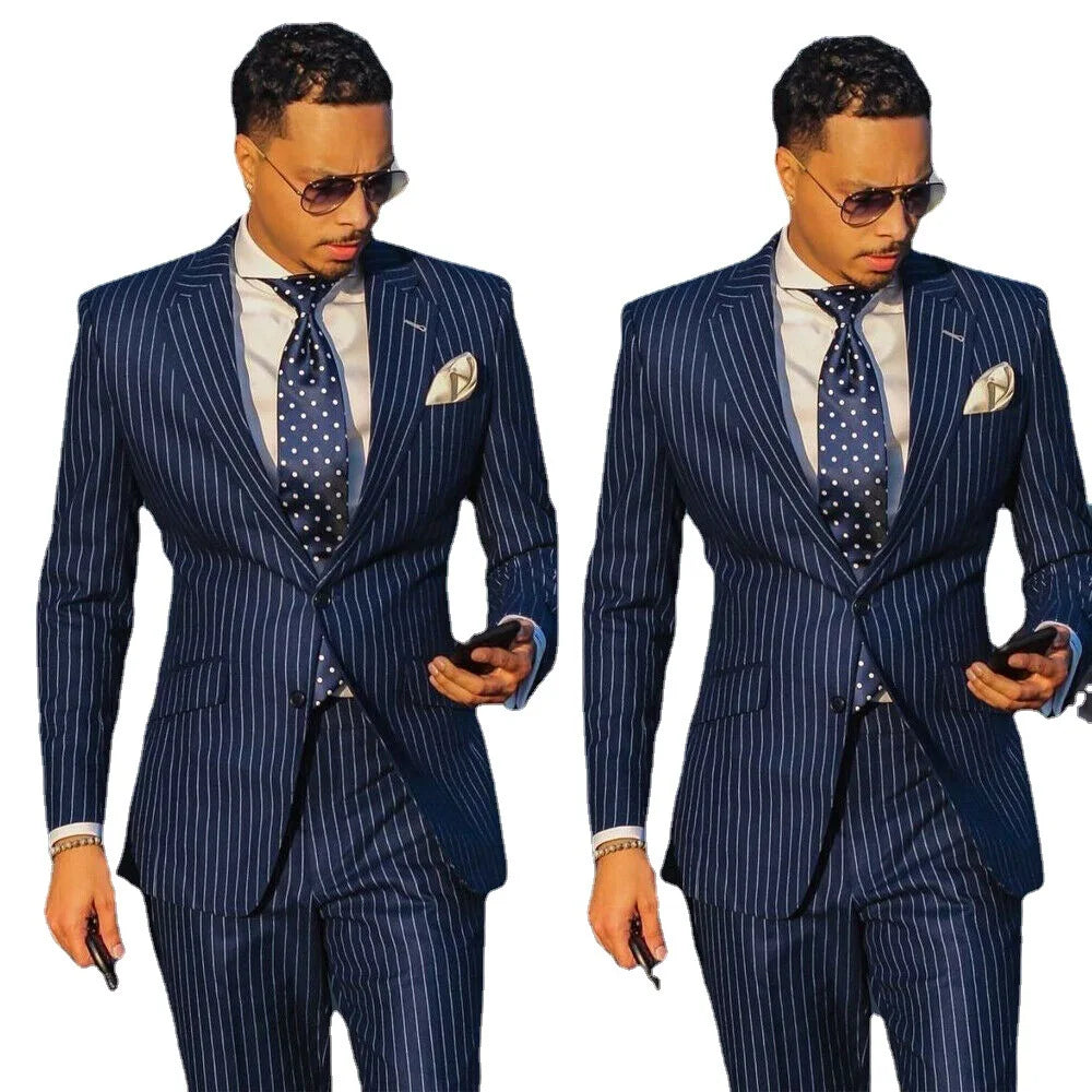 2pc Jacket+Pants Mens Suits With Pants Stripe Men's Blazer Slim