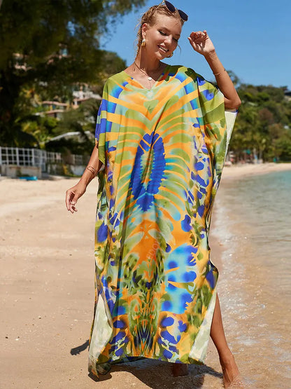 2023 Multicolored Kaftan Bohemian Printed V-Neck Batwing