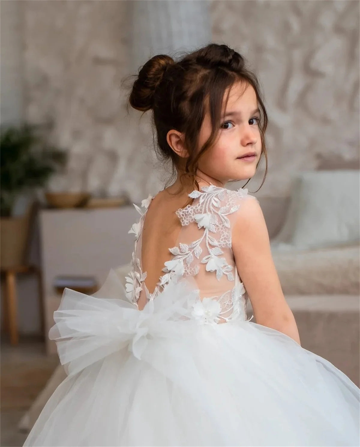 Ivory White Flower Girl Dress Tulle Puffy Detactable Tail Sticker for Wedding Cu