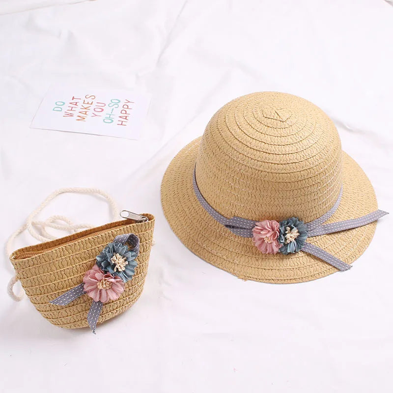 Summer Baby Flower Breathable Hat Straw Hat With Handbag Bags Kids Hat Girls