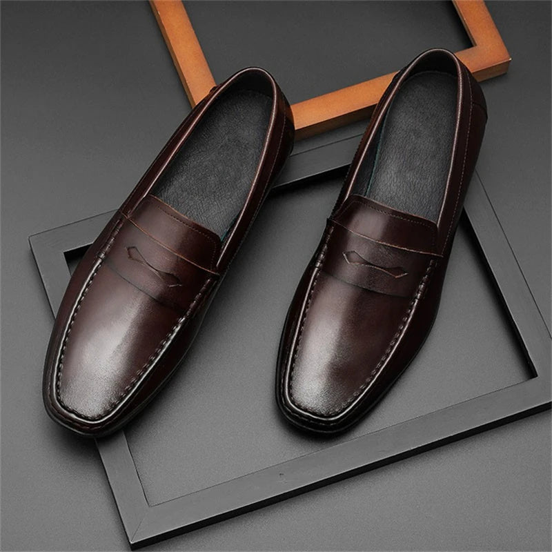 Phenkang Men Leather Summer Casual Shoes Male Sneakers Loafer Mens Slip on