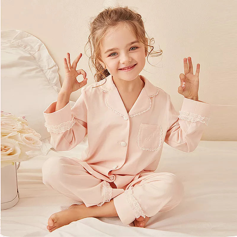 Children Girls Lolita Turndown Collar Pajama Sets.Long Sleeve Tops+Pant Toddler