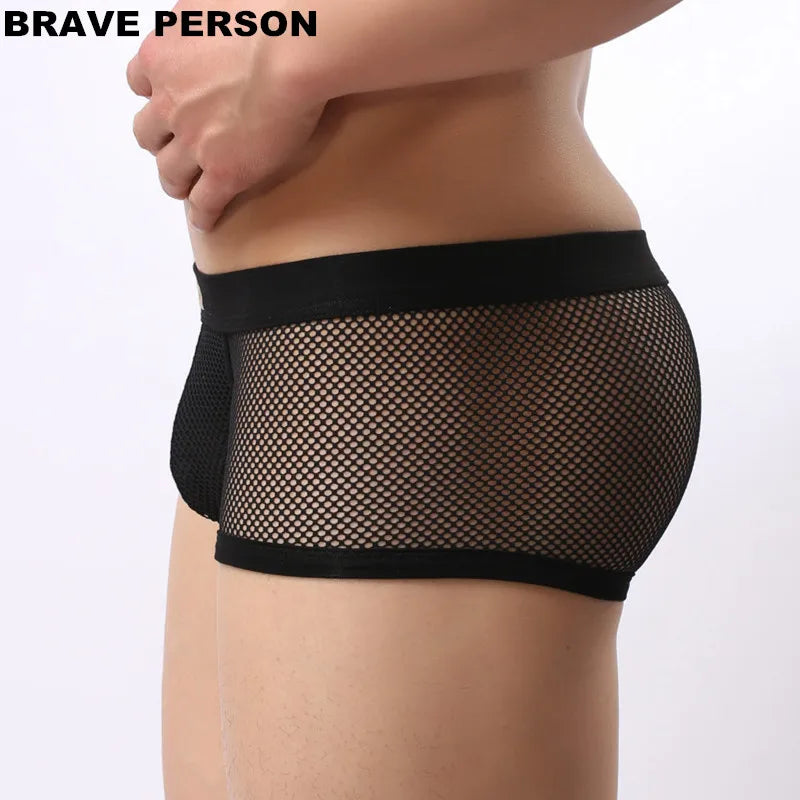 BRAVE PERSON Underwear Men's Boxers Breathable Mesh Hollow Boxer Shorts Sexy