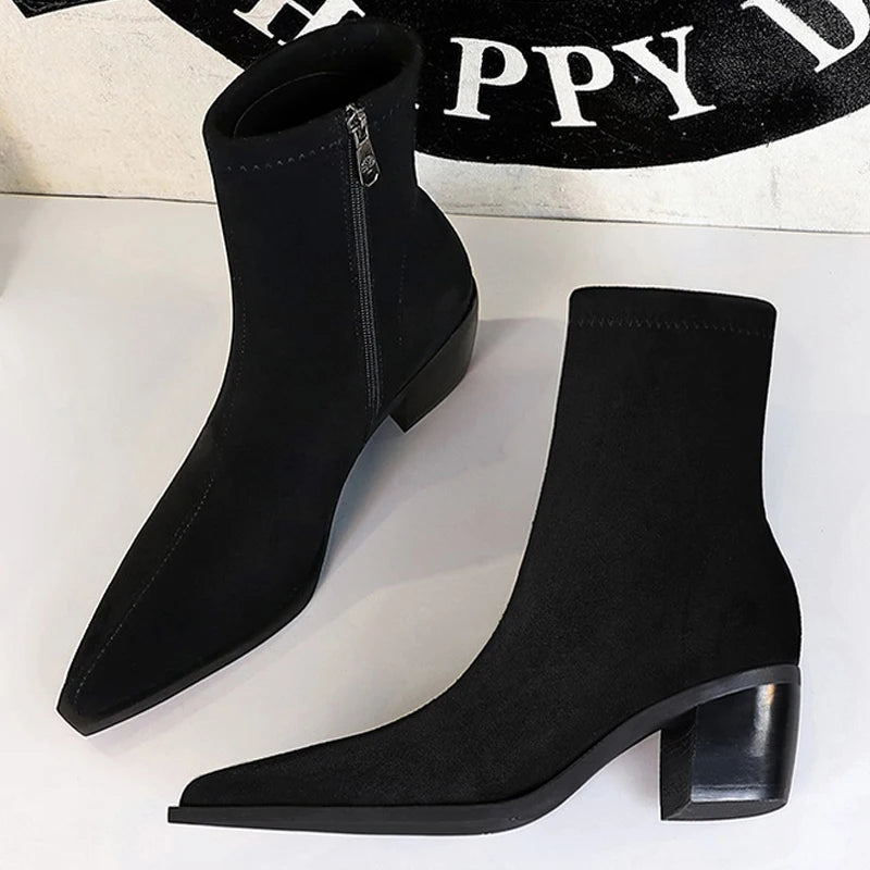 Suede Women Ankle Boots Autumn Shoes Pointed Toe Boots Thick Heel Short Boots