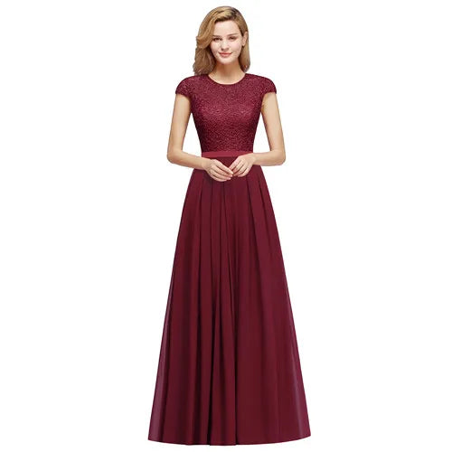 Charming Burgundy Lace Chiffon Long Evening Dress Elegant Short Sleeve Evening