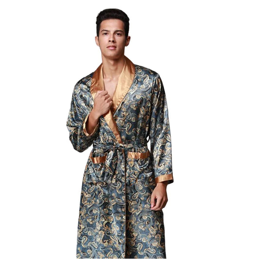 Mens Summer Paisley Print Silk Robes Male Senior Satin Sleepwear Pajamas Long