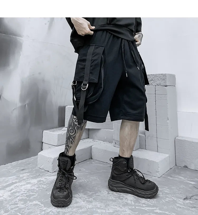 Men Summer Ribbons Hip Hop Cargo Shorts Casual Streetwear Shorts