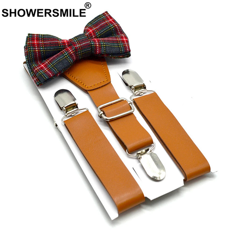 SHOWERSMILE Kids Suspenders With Bow Tie Leather British Style Boys Suspenders