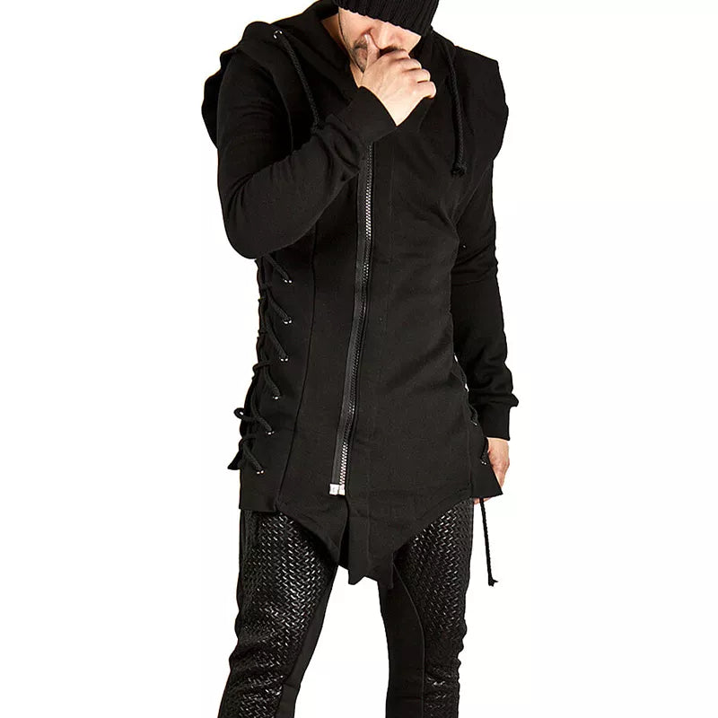 Black Long Hoodie Men 2023 New Fashion Bandage Zipper Mens Hoodies Sweatshirts