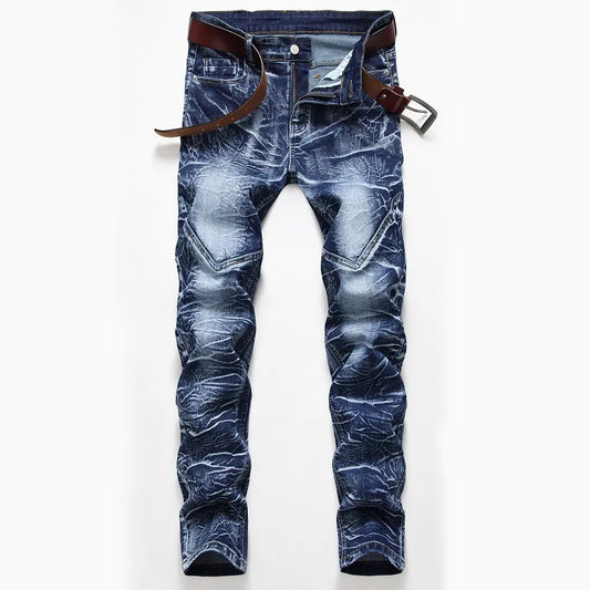 Snow Washed Patchwork Men's Straight Elastic Vintage Patch Slim Denim Jeans