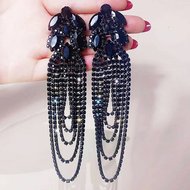 FYUAN Geometric Crystal Earrings Oversize Long Tassel Rhinestone Earrings