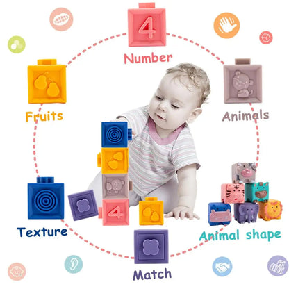 12pcs Baby Sensory Toys Building Silicone Blocks Grasp Toy