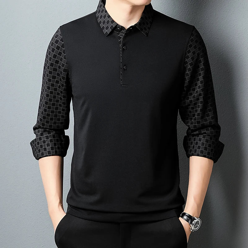 Button Collar Polo Shirt for Men New Fashion Long Sleeve Tee Shirt Polos Top