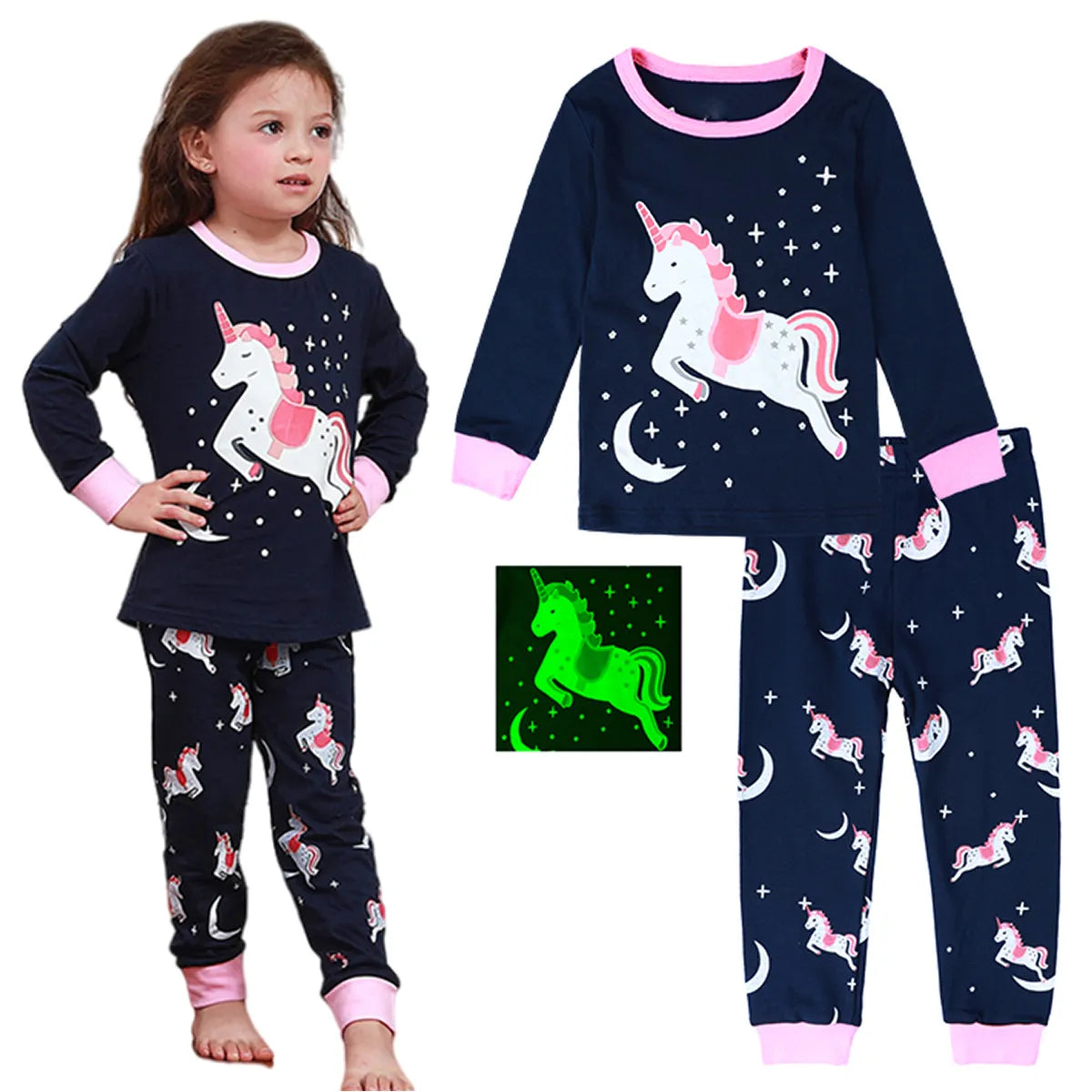 Kids Girls Unicorn Pajamas Set Children Skeleton Halloween Sleepwear