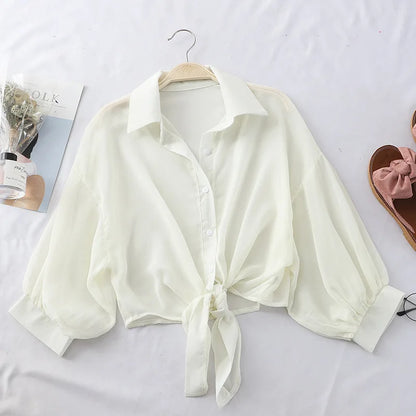 Chiffon Shirts Women Summer Half Sleeve Buttoned Up Shirt Loose Casual