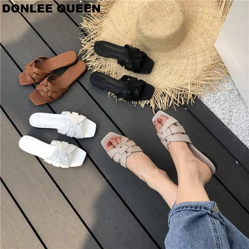 DONLEE QUEEN Women Brand Slippers Summer Slides Open Toe Flat Casual Shoes