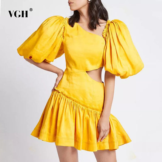 VGH Yellow Casual Dress for Women Skew Collar Puff Half Sleeve