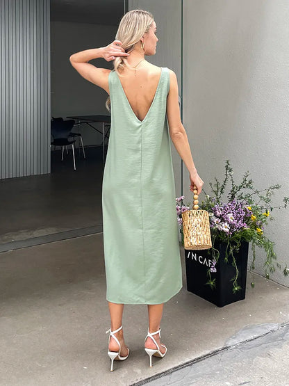 2024 Summer Women Solid White v Neck Sleeveless Fashion Dress Split Tank Dress