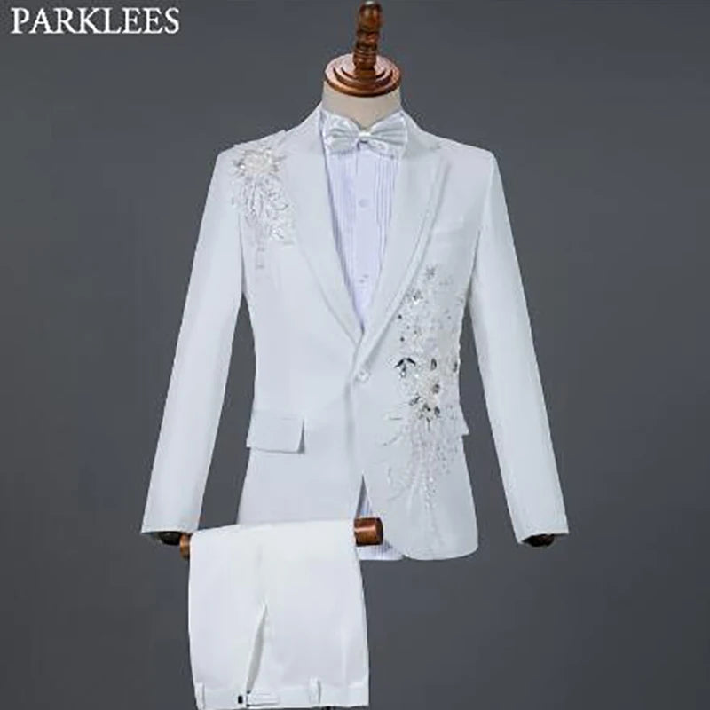 White Embroidered Diamond Suit Men Wedding Groom Tuxedo