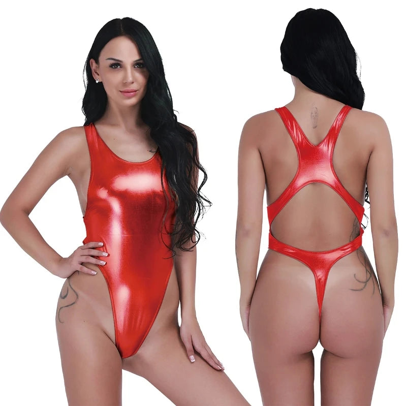 Custom Womens Sexy Leather One-Piece Thongs Leotard Bodysuit String Swimsuit