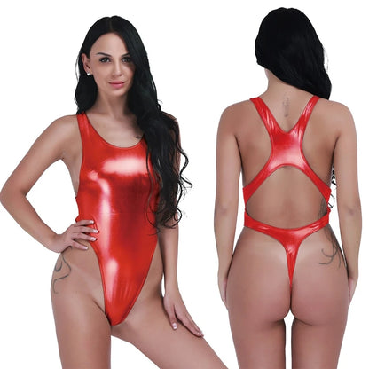 Custom Womens Sexy Leather One-Piece Thongs Leotard Bodysuit String Swimsuit