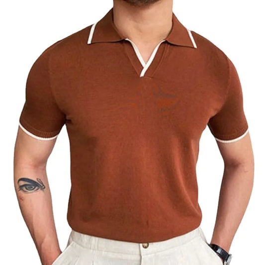 2023 New Vintage Polo Shirt Men Stripe T Shirt Knitting Casual Lapel Pullover