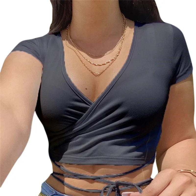 2023 Summer Solid v Neck T Shirts Women Short Sleeve Short Tops Crop Tops