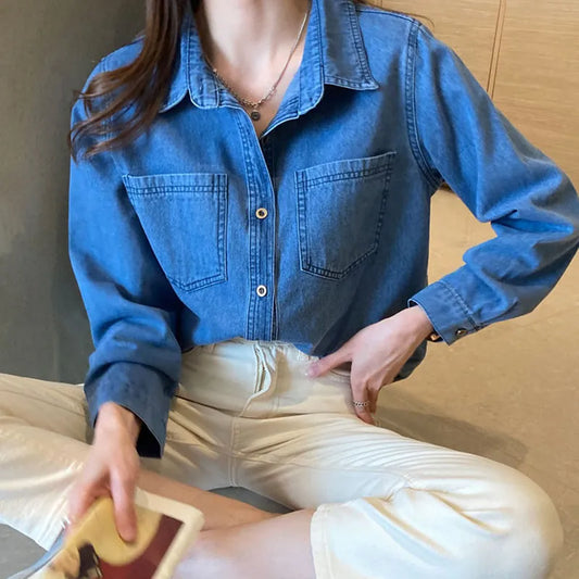 Xpqbb Deep Blue Denim Shirts for Women Spring Buttons Long-Sleeved Shirt