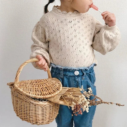 HoneyCherry Spring and Autumn Girls Lace Hollow Knit Sweater Top Cloth