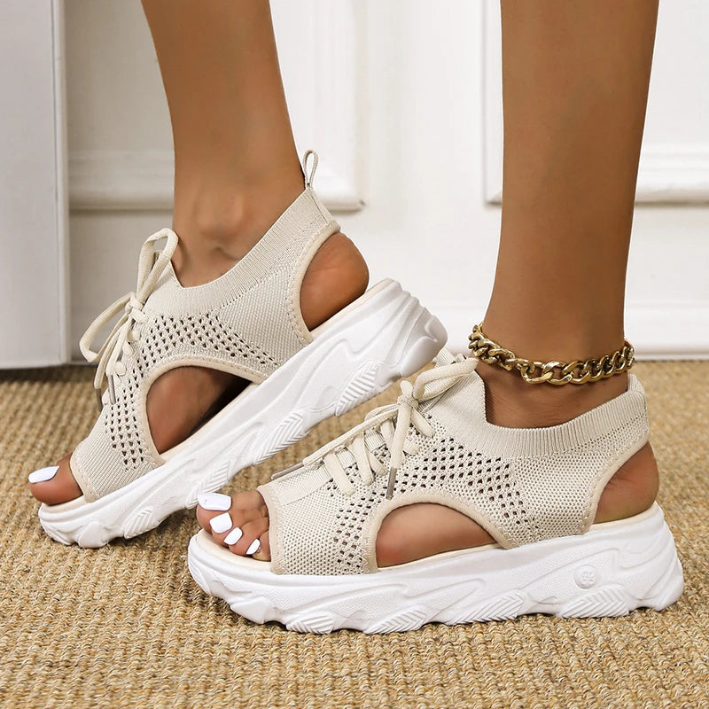 Women White Thick-Soled Lace-Up Sandal Open Toe Beach Shoes