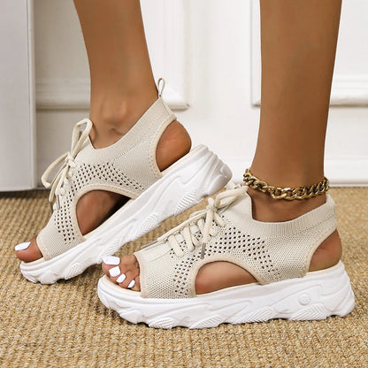 Women White Thick-Soled Lace-Up Sandal Open Toe Beach Shoes