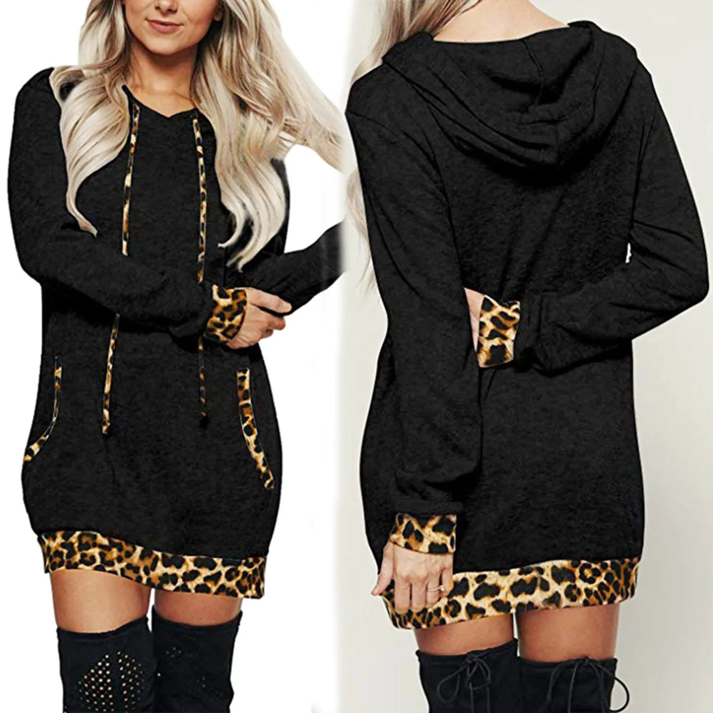 Women Hooded Warm Long Hoodies Long Sleeve Hoodies Winter Leopard Sweatshirts