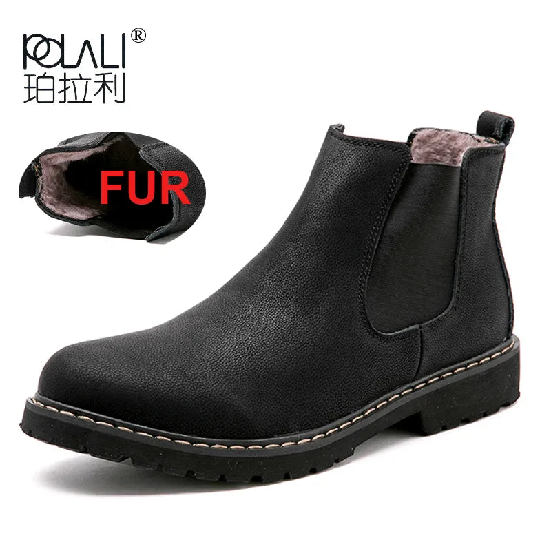 Chelsea Boots Men Winter Shoes Black Split Leather Boots Mens Warm Footwear