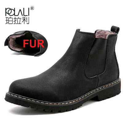 Chelsea Boots Men Winter Shoes Black Split Leather Boots Mens Warm Footwear