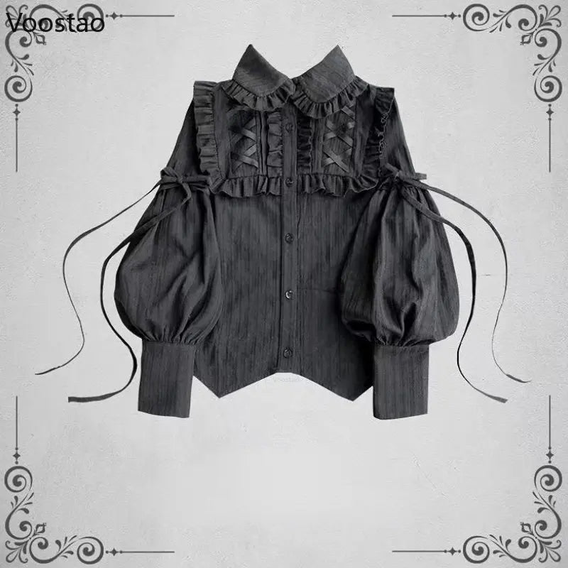 Vintage Gothic Shirts Women Elegant Lolita Style Gigot Sleeve Blouses Girls