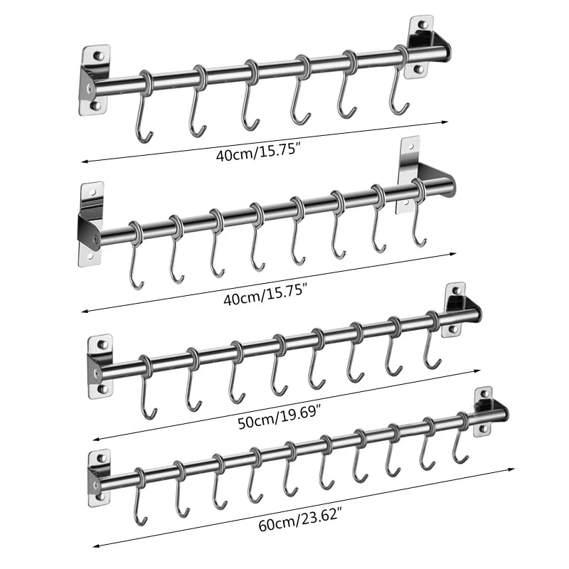 Wall Mounted Utensil Rack Stainless Steel Hanging Kitchen Rail With 6/8/10