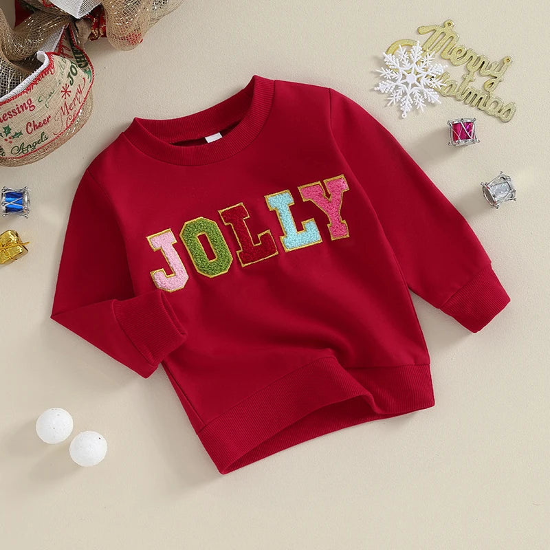 Toddler Christmas Sweatshirt Baby Boy Girl Holly Jolly Letter Embroidery Tops