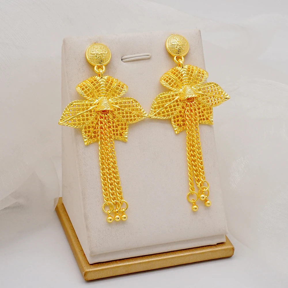 Ethiopian Dubai Gold Color Jewelery Sets for Women Girl Bridal Tassel Flower