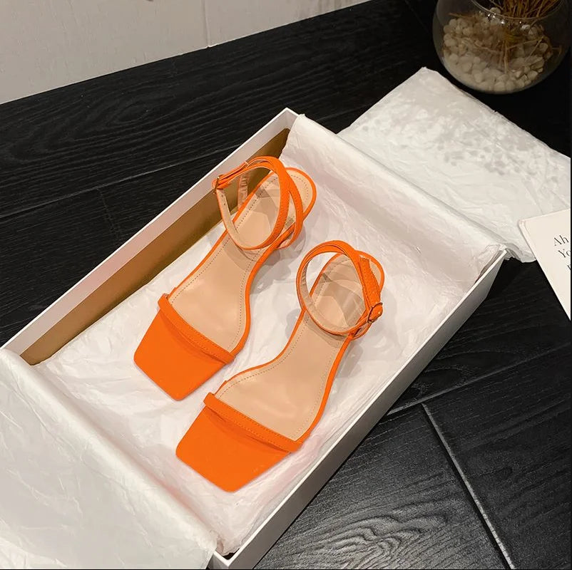 Summer Women Shoes Ankle Strap Mid-Heel Square Open Toe Heels Strap High Heels