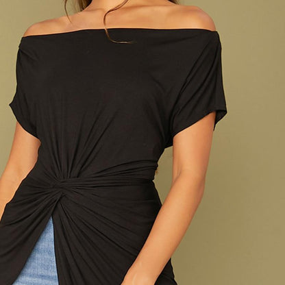 Black Off Shoulder Twist Front Asymmetrical Hem Bardot Top