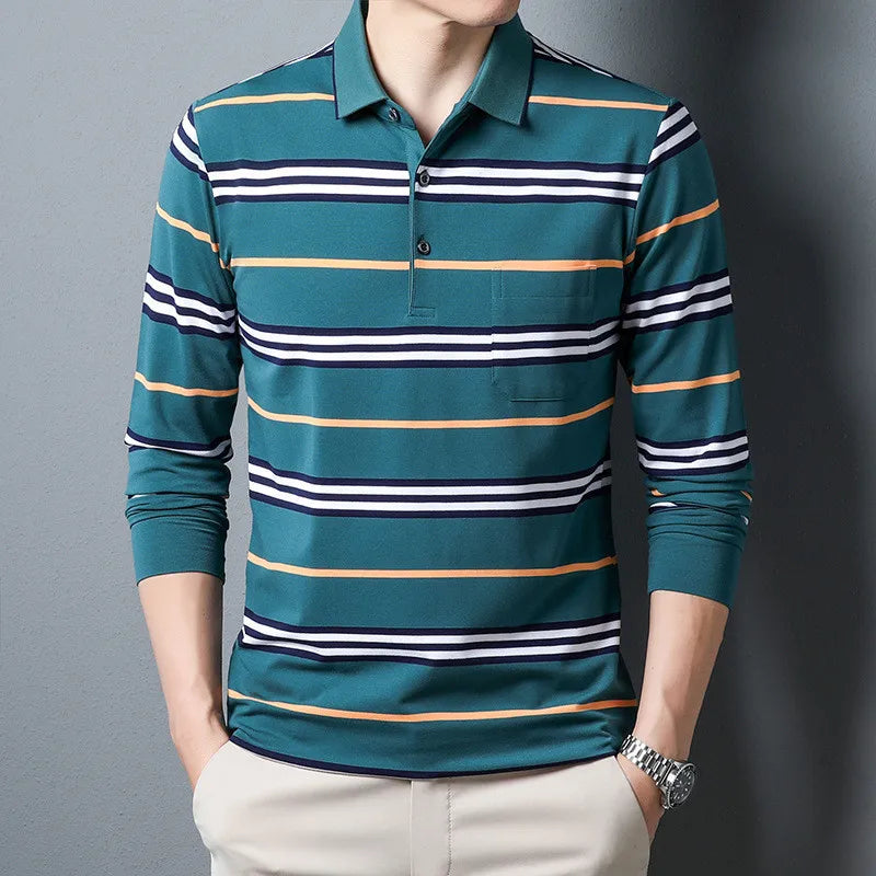 2024 New Arrival Men Striped Polo Shirt Long Sleeve Casual Autumn Clothing