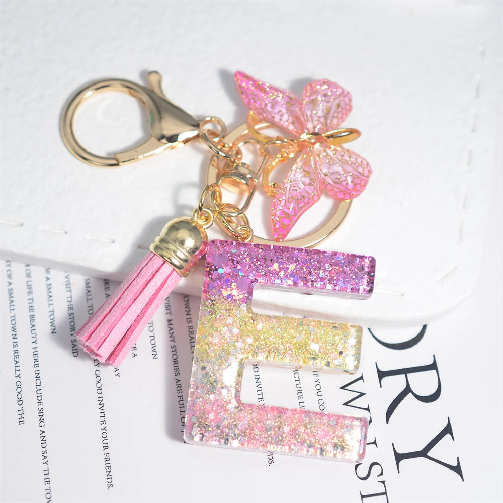 Cute Resin A-Z Initials Letter Keychain Pink Sparkle Butterfly Tassel Pendant