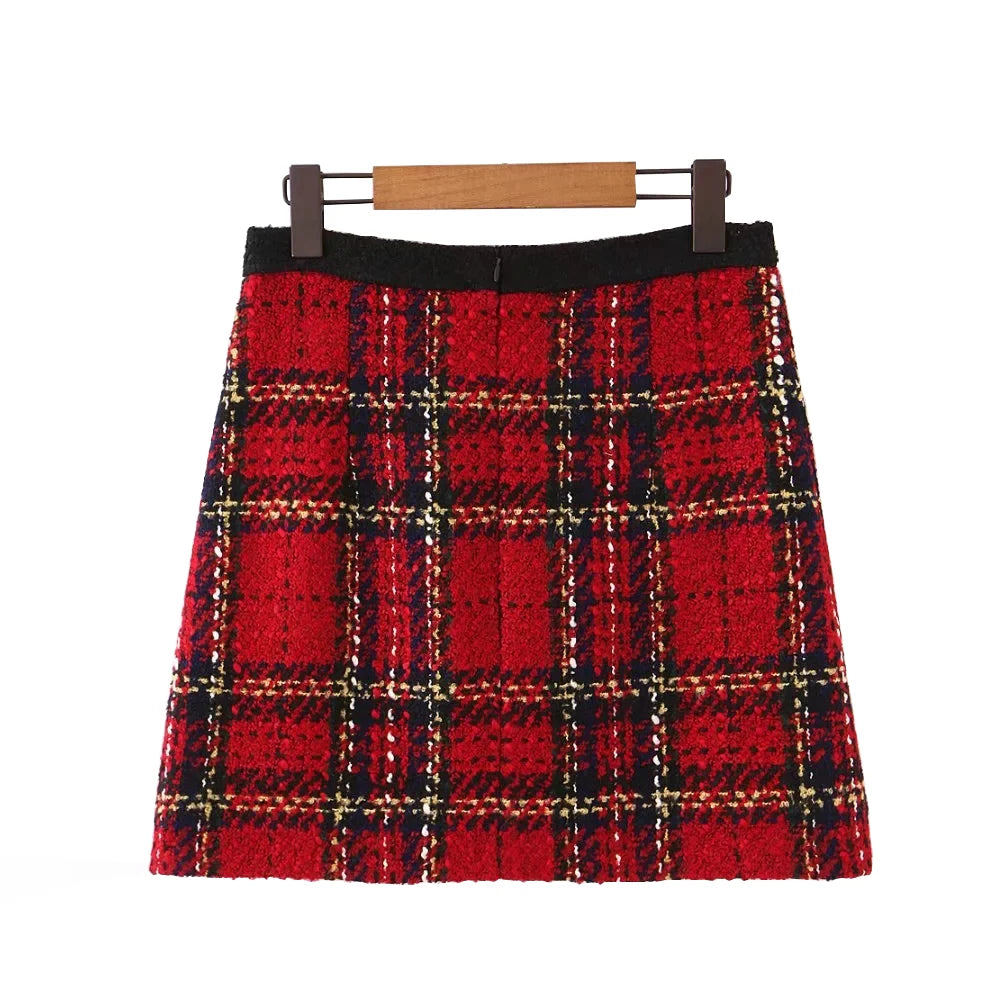 Red Vintage Women Tweed  2020 Winter Fashion Ladies Plaid Girls Skirts