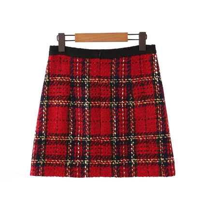 Red Vintage Women Tweed  2020 Winter Fashion Ladies Plaid Girls Skirts