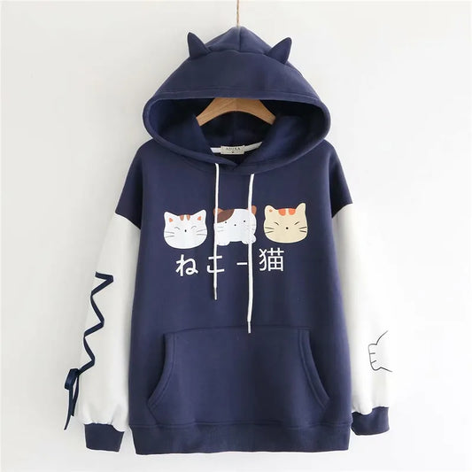 2020 Winter Harajuku Kawaii Women Hoodies Japanese Cute Cat Graphic Girls