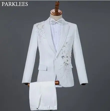 White Embroidered Diamond Suit Men Wedding Groom Tuxedo