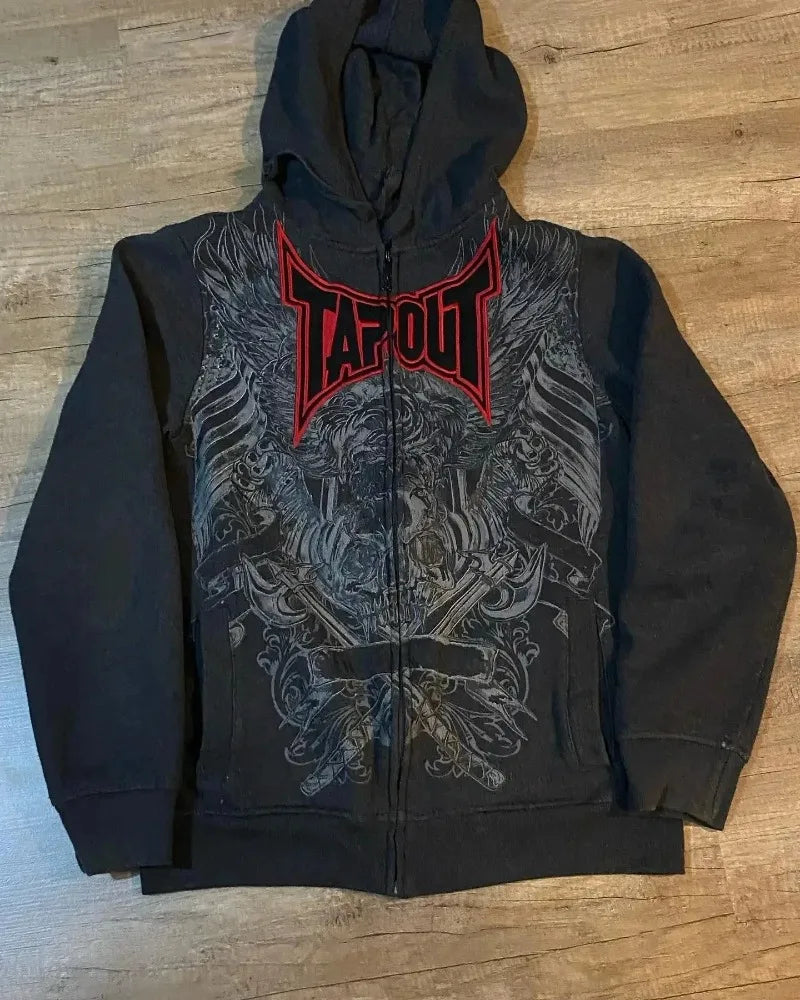 American Tapout Zipper Hoodie Y2K Harajuku Retro Print Oversized Hoodie Women