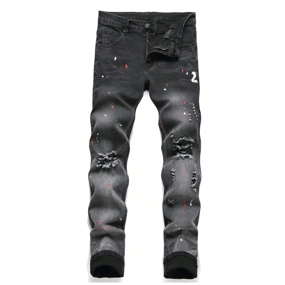 Men Black Skinny Denim Spot Jeans Male Ripped Stretch Fit Jeans Men Slim