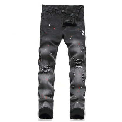 Men Black Skinny Denim Spot Jeans Male Ripped Stretch Fit Jeans Men Slim